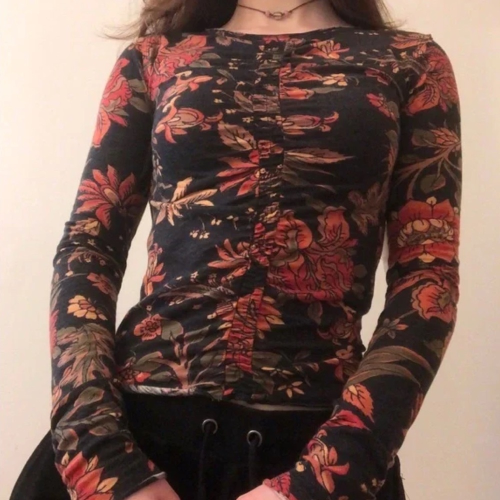 Free People Floral Long Sleeve Top - Black and Red